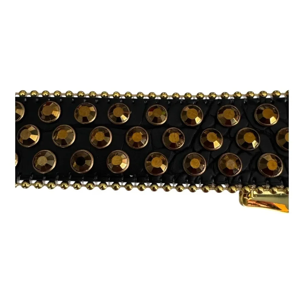 Studded Western Rhinestone Belt‎ Black Strap Gold Rhinestones Unisex XL 37